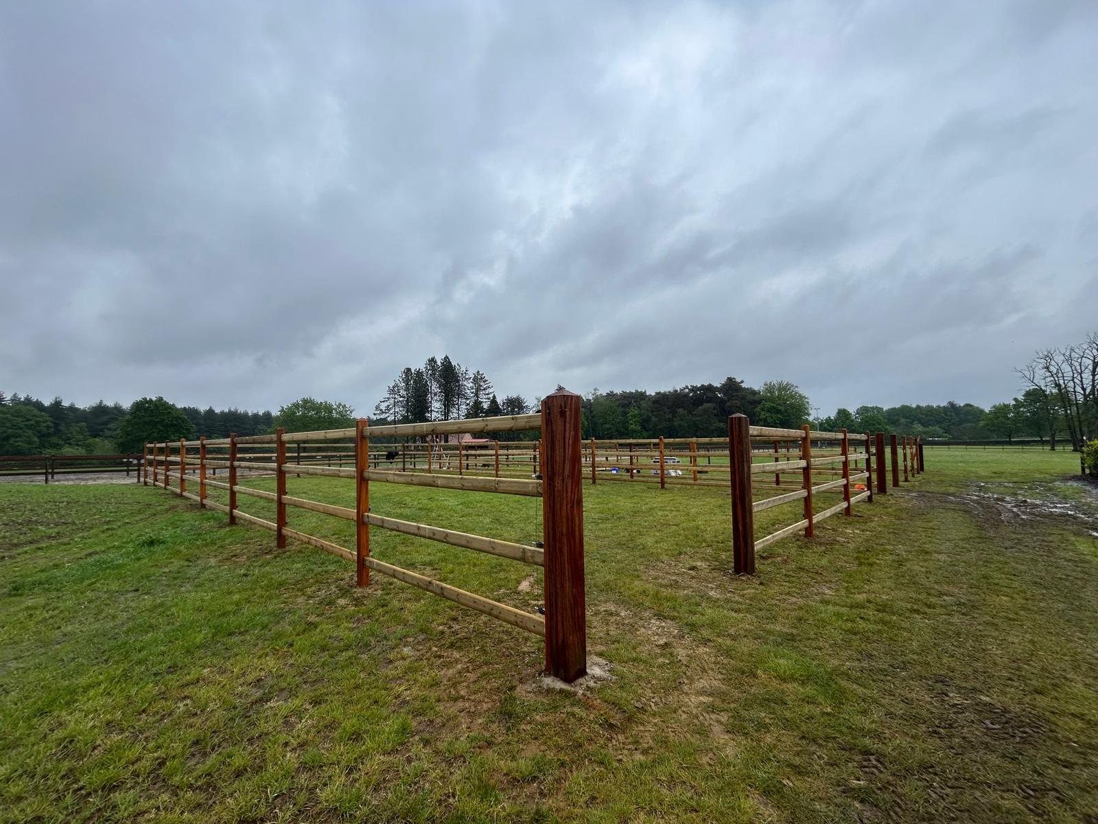 Vierriegel-Pferdezaun um einen Paddock mit Okan-Eckpfosten mit Diamantkopf